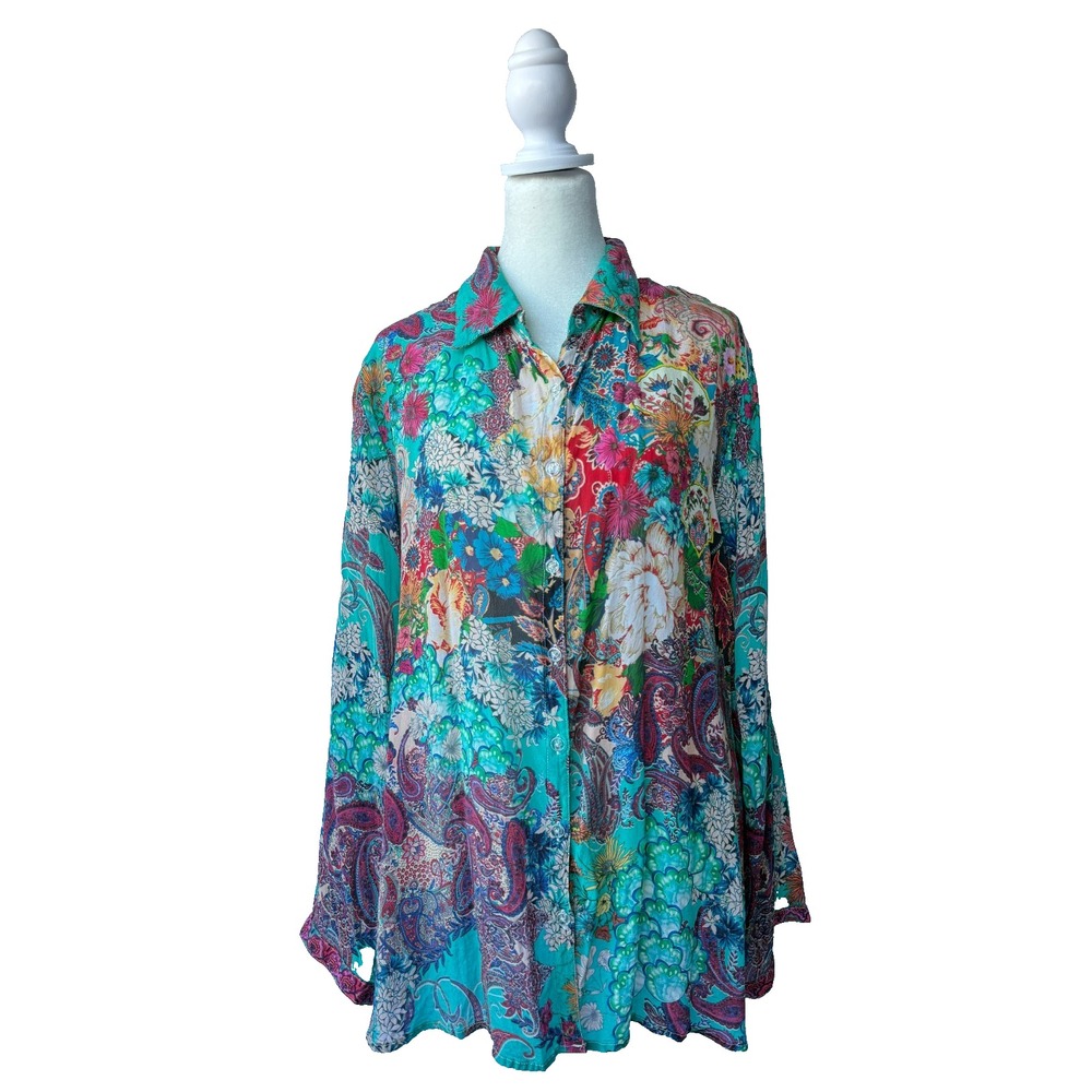 Shana Blouse Womens Sz 8 100% Viscose Silk Artsy Boho‎ Maximalist Paisley Floral